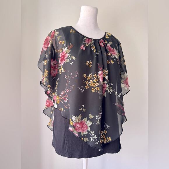 Naïf Black Floral Print Sheer Overlay Blouse w/ Built-In Tank Top - Picture 3 of 6